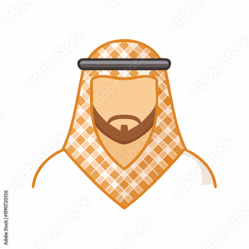 Middle Eastern Man Avatar with Beard in Traditional Keffiyeh Headdress Icon. Person in Traditional Arabic Clothing