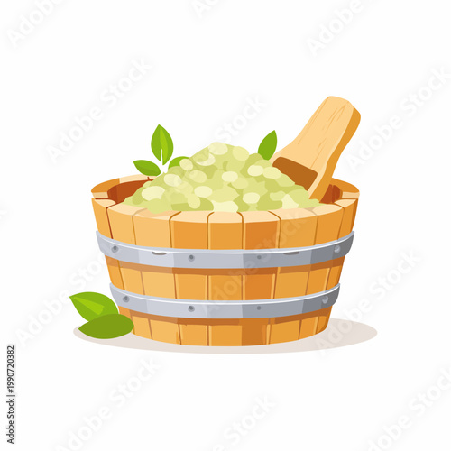 Wooden tub with herbs and spatula for spa or health treatments illustration