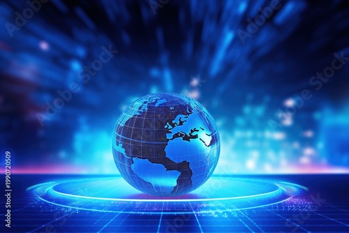 Futuristic Digital Globe with Holographic Data Rings on Dark Background