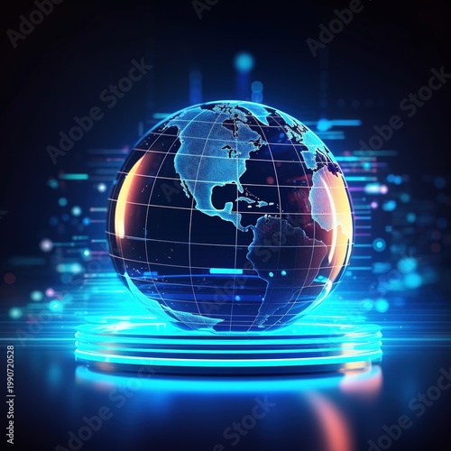 Futuristic Digital Globe with Holographic Data Rings on Dark Background