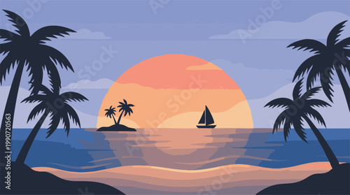 Vibrant tropical sunset beach scene with palm trees, ocean, and sailboat