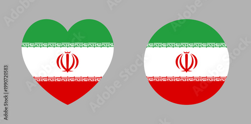 National Flag of Iran circle, heart icon, sticker. Iran flag round, heart symbol, button. Set of flag banner, badge, background. National flag sign of Iran.