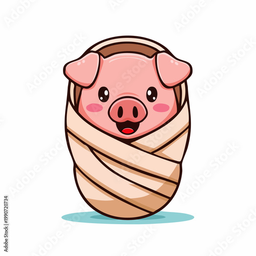Cute Cartoon Piglet Wrapped in Swaddling Clothes Illustration