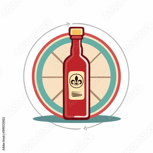 Stylized red bottle with fleur de lis label and decorative circular backdrop