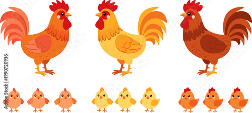 Bright and Colorful Cartoon Roosters and Chicks in Various Poses for Farmyard Illustrations and Fun Animal Designs
