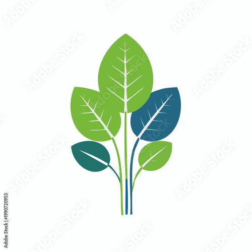 Stylized botanical illustration of various green and blue leaves on stems
