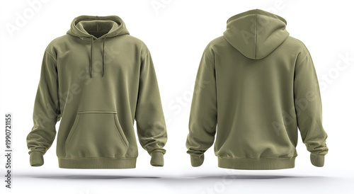Two views of a plain, olive-green hooded sweatshirt, front and back
