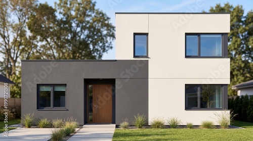 Modern luxury house exterior with white and gray geometric facade design