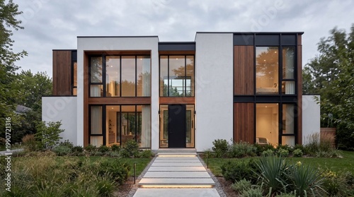 Modern luxury house facade with large glass windows and wood panels at dusk featuring an illuminated stone walk way and landscaped garden.