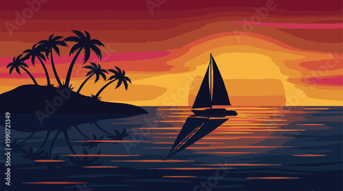 Vibrant tropical sunset with sailboat and island silhouette over ocean