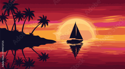 Tropical sunset with palm trees and sailboat on the ocean, vibrant colors
