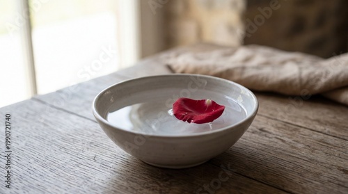 Single red rose petal floating in a white ceramic bowl of water on a rustic wooden table