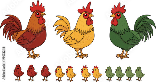Cartoon Roosters and Chicks in Various Colors and Poses for Farmyard Illustrations and Cute Animal Designs
