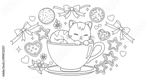 Cute Kitten in a Teacup Surrounded by Festive Cookies and Bows Coloring Page.