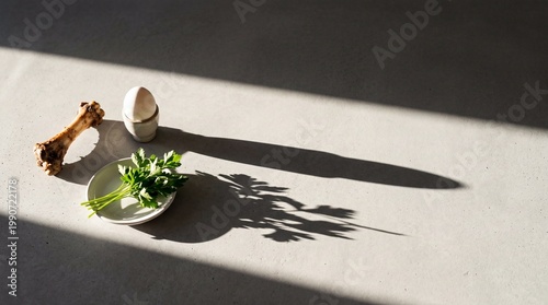 Symbolic Passover Seder plate elements with bone egg and parsley on a grey concrete background with dramatic shadows.