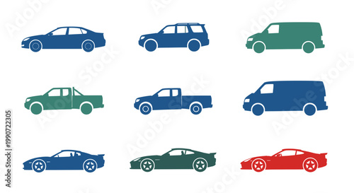 Set of Various Car Vehicle Silhouettes Vector Illustration, Flat Design Icons for Automotive Transportation and Logistics Concepts Isolated on White Background