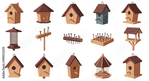 Set of Wooden Birdhouses and Bird Feeders Vector Illustration Featuring Various Rustic Avian Shelter Designs for Garden Wildlife and Backyard Ornithology Projects