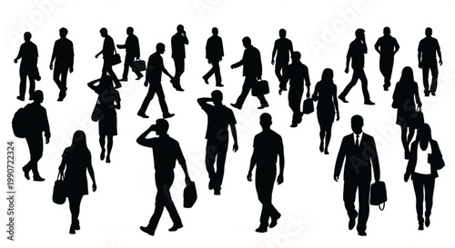 A group of business people walking in various directions in a black silhouette vector graphic