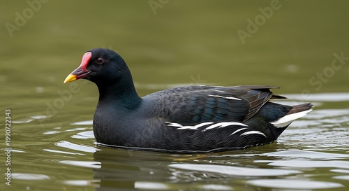 Black water bird swimming gracefully in calm pond waters with green surroundings