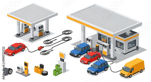 Gas Station with Fuel Pumps and Vehicles.