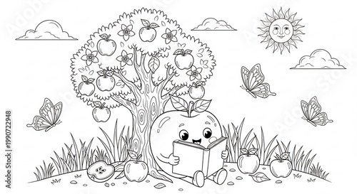 Cute Apple Character Reading Book Under Apple Tree with Butterflies and Sun.