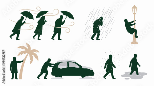 Illustrations of people encountering different weather challenges