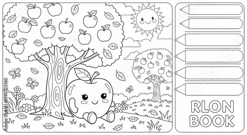 Cute Apple Character Sitting Under a Tree in an Orchard Coloring Page.