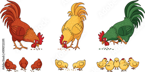 Cartoon Roosters Eating with Chicks in Red, Yellow, and Green for Fun Farmyard Illustrations and Animal Designs