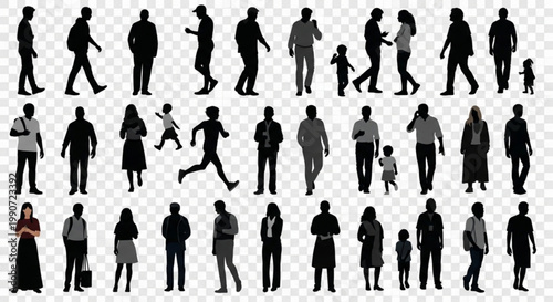 A collection of black silhouettes of people walking and standing on a transparent background