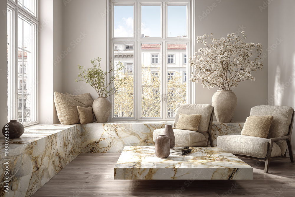 Fototapeta premium High end Scandinavian living room with elegant neutral tones featuring marble surfaces, soft beige cushions, large windows, and decorative vases with flowers creating calm atmosphere