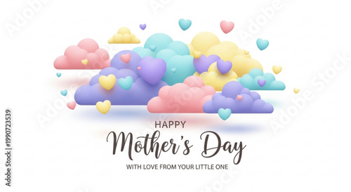 A colorful Mother's Day vector graphic with clouds and hearts