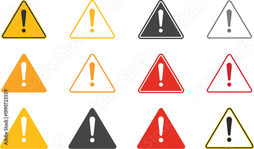 Warning triangle icons with exclamation mark in outline and solid styles. Safety alert symbols used for danger notice, risk indication, attention messages.