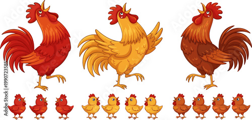 Cartoon Roosters in Red, Yellow, and Brown with Chicks for Fun Farmyard Illustrations and Animal Designs