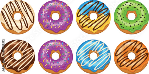 Colorful Donut Collection with Glazed Chocolate Sprinkles and Icing Variations Set for Bakery Menu, Dessert Illustration, Sweet Food Branding, and Cafe Design