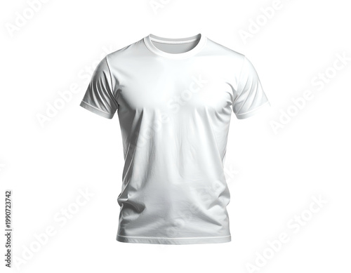 A plain white short-sleeved crewneck t-shirt, isolated on white