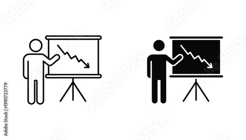 Business person presenting a downward trend chart on a display board for financial loss analysis