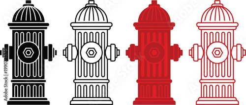 Set of fire hydrant icons. Fire hydrant silhouette, water hydrant symbol. Vector illustration.
