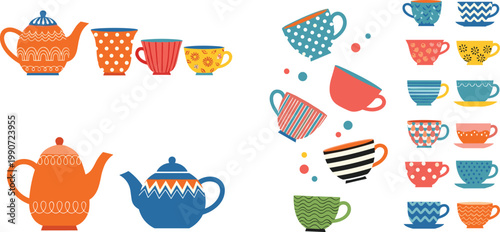 Colorful Teapots and Cups Collection with Decorative Patterns Ceramic Drinkware Set for Tea Coffee Kitchen Flat Vector Illustration