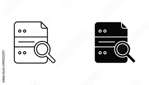 Document search icon set featuring file folder with magnifying glass for data management and digital file retrieval systems