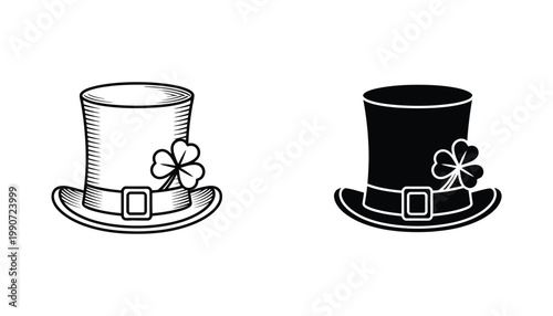 Saint Patrick Day leprechaun hat icon set with shamrock clover leaf in vintage engraving and solid black graphic style