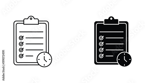 Clipboard checklist with time clock line and solid vector icons
