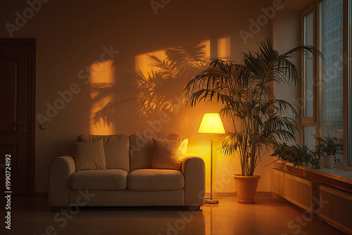 Cozy living room with beige sofa, glowing floor lamp, and large potted plant casting shadows on wall, creating warm and inviting atmosphere during sunset