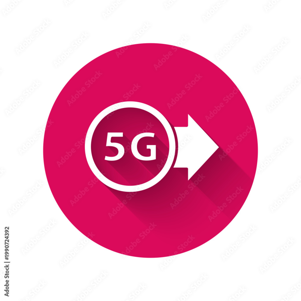 Obraz premium White 5G new wireless internet wifi connection icon isolated with long shadow. Global network high speed connection data rate technology. Pink hexagon button. Vector