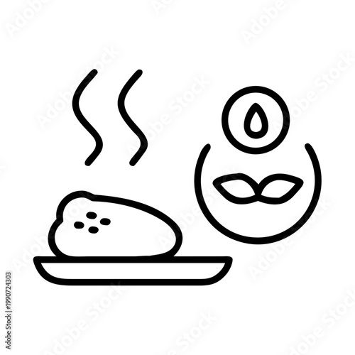 Outline icon of hot meal on plate with steam and natural oil leaf symbols for healthy eating.