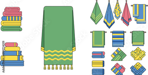 Colorful Towel and Textile Vector Set with Folded Stacks, Hanging Cloth, Patterned Fabric, and Bathroom Linen Illustrations for Home and Laundry Design