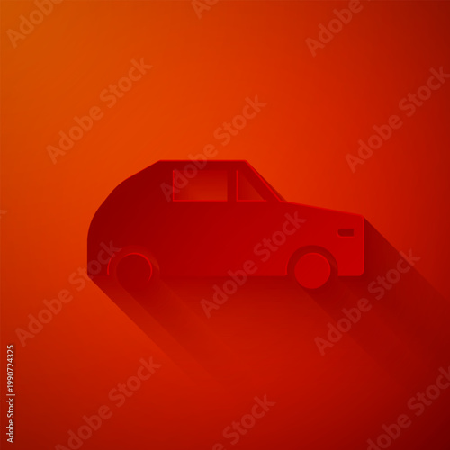 Paper cut Car icon isolated on red background. Paper art style. Vector