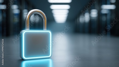 Glowing digital padlock on dark server room floor representing cybersecurity and data protection concept