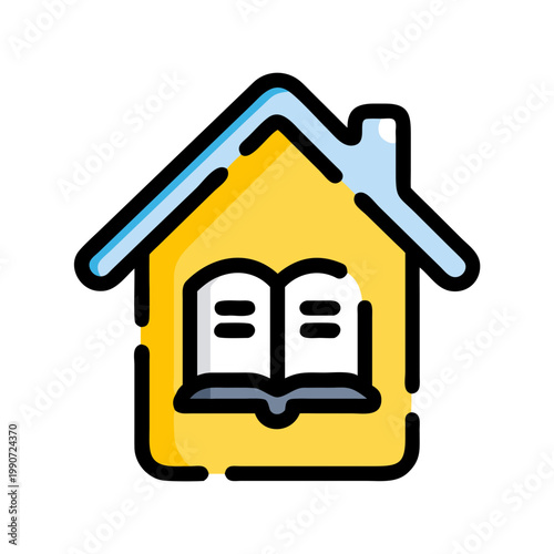 Bright and colorful cartoon icon of a house with an open book inside, representing home learning.