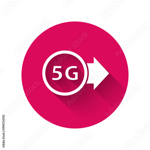 White 5G new wireless internet wifi connection icon isolated with long shadow. Global network high speed connection data rate technology. Pink hexagon button. Vector