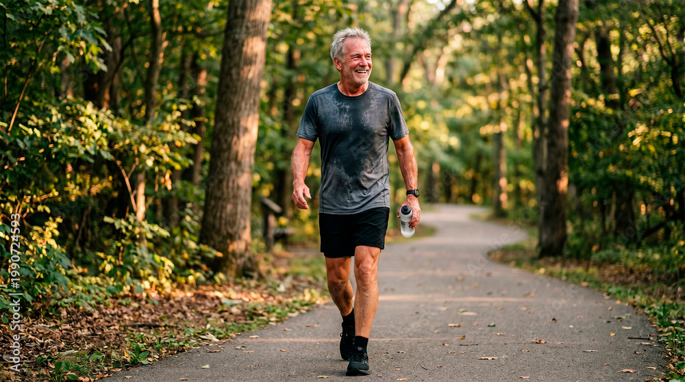 Obraz premium An active senior enjoys a stroll along a wooded path, smiling while enjoying the outdoors and getting exercise